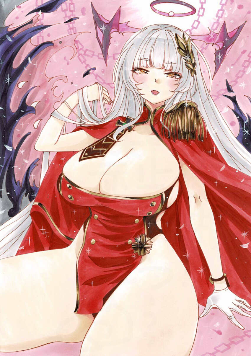 1girl azur_lane bartolomeo_colleoni_(azur_lane) blunt_bangs breasts cape cleavage epaulettes gloves hair_ornament highres huge_breasts light_blush long_hair looking_at_viewer marker_(medium) medal parted_lips red_cape single_epaulette single_glove solo traditional_media uzuharu_(uduharu) very_long_hair white_gloves white_hair yellow_eyes