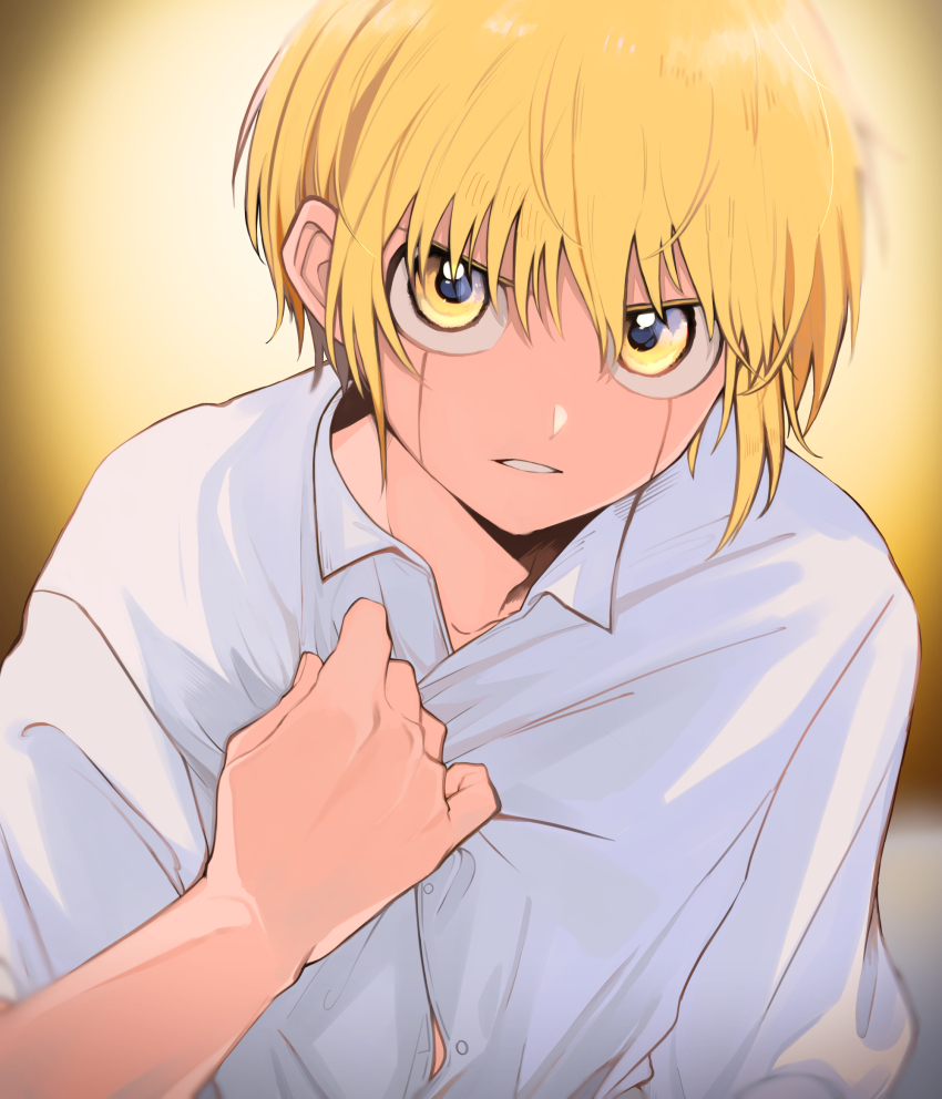 1boy blonde_hair commentary_request facial_mark furrowed_brow gash_bell hei_tai_(kyaputen1) highres konjiki_no_gash!!_2 male_focus serious shirt shirt_tug solo upper_body white_shirt yellow_eyes