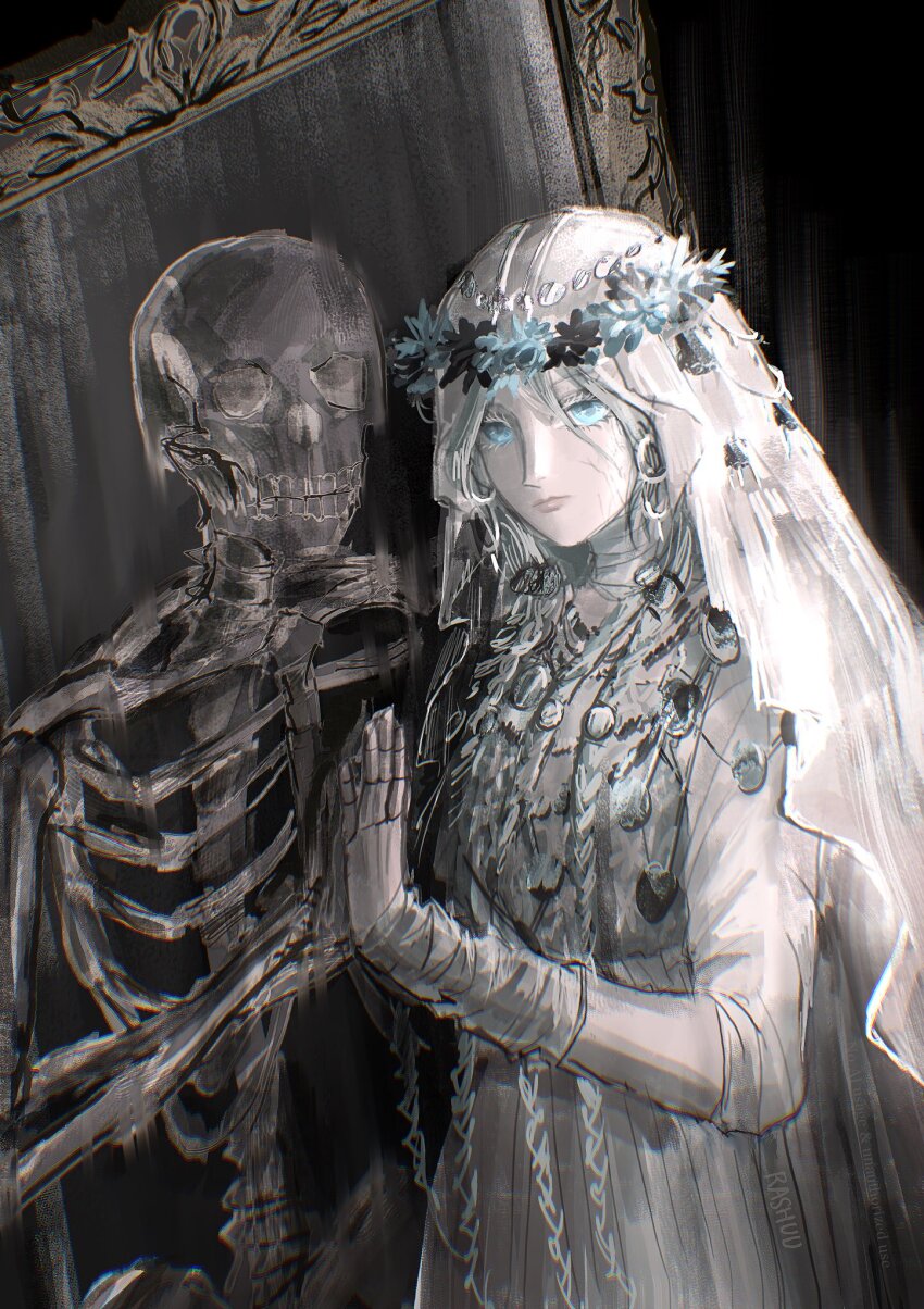 1girl black_background blue_eyes braid choker closed_mouth colored_eyelashes colored_skin cracked_skin doll_joints dress earrings elden_ring elden_ring_nightreign flower hair_flower hair_ornament hand_on_mirror head_wreath highres hoop_earrings jewelry joints low_twin_braids mirror necklace rashuu reflection revenant_(elden_ring) signature skeleton twin_braids upper_body veil white_dress white_eyelashes white_skin white_veil wrist_wrap
