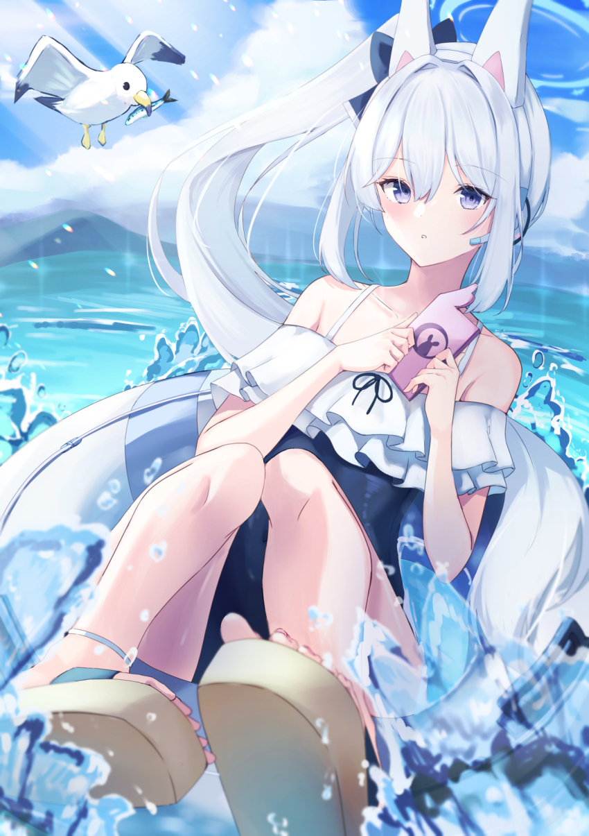 1girl aki_tsune animal_ears bare_shoulders bird blue_archive blue_halo blue_one-piece_swimsuit blue_sky blurry blush bow casual_one-piece_swimsuit cloud collarbone commentary cumulonimbus_cloud day depth_of_field dutch_angle fake_animal_ears feet fish frilled_one-piece_swimsuit frills full_body hair_between_eyes hair_bow hair_intakes halo hands_up highres holding holding_phone knees_up long_hair miyako_(blue_archive) mountainous_horizon ocean official_alternate_costume official_alternate_hairstyle one-piece_swimsuit outdoors parted_lips phone ponytail purple_eyes rabbit_ears sandals seagull shoe_soles sidelocks sitting sky solo swim_ring swimsuit toes very_long_hair water water_drop white_hair
