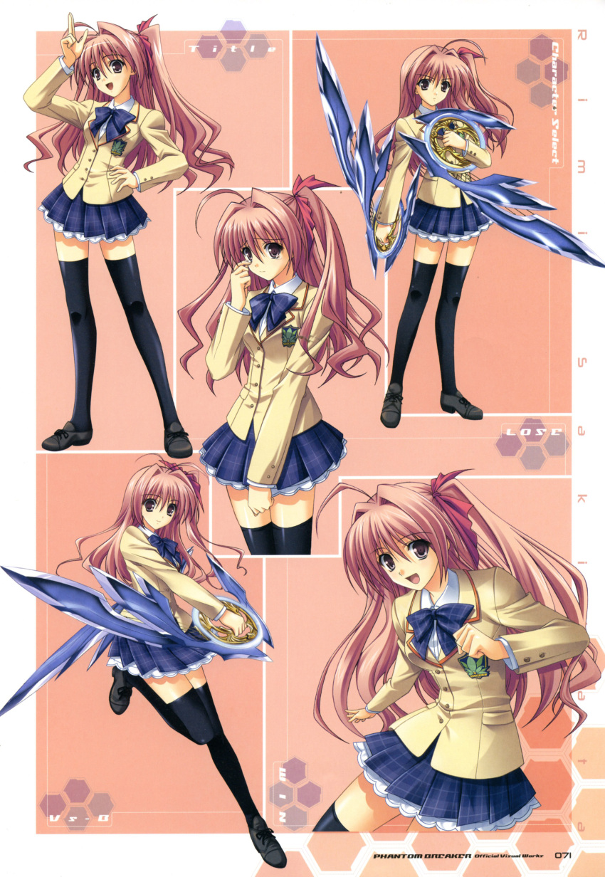 1girl absurdres artist_request black_thighhighs blazer bow bowtie brown_jacket chaos;head check_artist collared_shirt d-sword dress_shirt dual_wielding hair_bow highres holding holding_sword holding_weapon jacket lapels long_hair miniskirt multiple_views non-web_source notched_lapels official_art one_side_up phantom_breaker pink_eyes pink_hair plaid_bow plaid_bowtie plaid_clothes plaid_skirt pleated_skirt purple_bow purple_bowtie purple_skirt sakihata_rimi school_emblem school_uniform science_adventure shirt shoes skirt smile suimei_academy_school_uniform suzuhira_hiro sword tearing_up thighhighs weapon white_shirt zettai_ryouiki