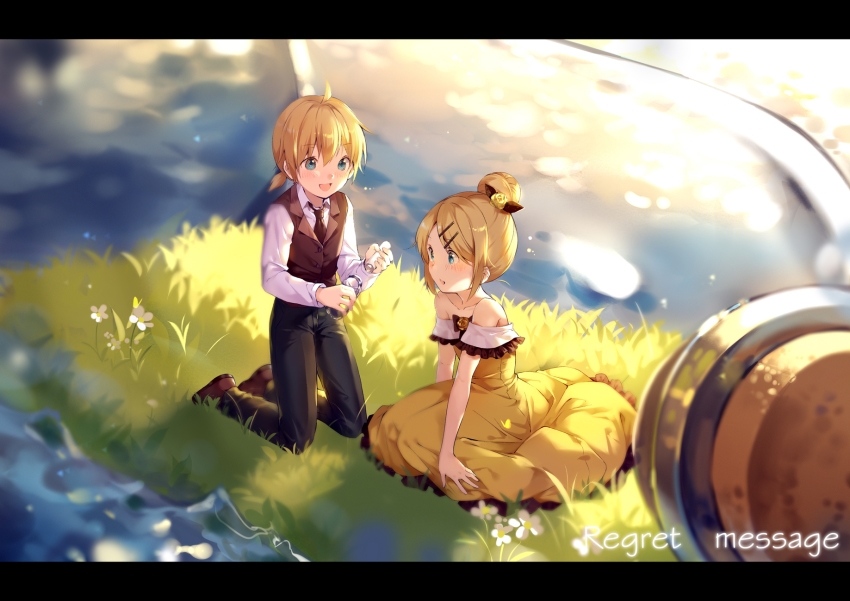 1boy 1girl aged_down allen_avadonia bare_arms bare_shoulders black_neckwear blonde_hair blue_eyes blurry blush bottle brother_and_sister brown_footwear collarbone cork corked_bottle daisy depth_of_field dress evillious_nendaiki flat_chest flower frilled_dress frills grass hair_bun hair_ornament hairclip highres hmniao holding holding_bottle in_bottle in_container kagamine_len kagamine_rin kneeling letterboxed light_particles message_in_a_bottle necktie ocean off_shoulder paper regret_message_(vocaloid) riliane_lucifen_d&#039;autriche shirt shoes short_hair siblings single_hair_bun sleeveless sleeveless_blazer sleeveless_dress smile song_name sparkle sparkle_background sunset twilight twins vocaloid water_surface white_flower white_shirt yellow_dress
