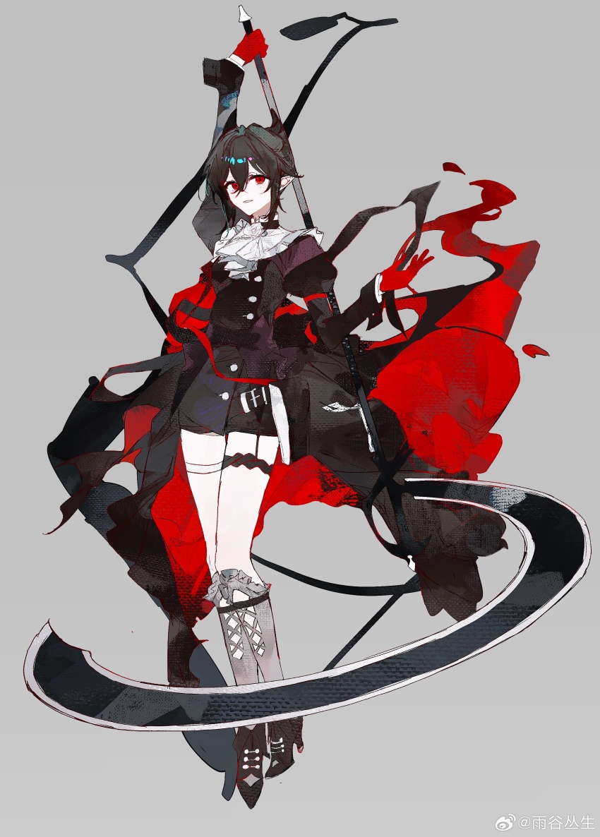 1girl absurdres arknights artist_name ascot black_dress black_hair black_shoes buqiyong dress entelechia_(arknights) gloves grey_background grey_socks hair_between_eyes high_heels highres holding holding_scythe juliet_sleeves kneehighs long_sleeves looking_at_viewer parted_lips pointy_ears puffy_sleeves red_eyes red_gloves scythe shoes short_hair simple_background socks solo thigh_strap white_ascot
