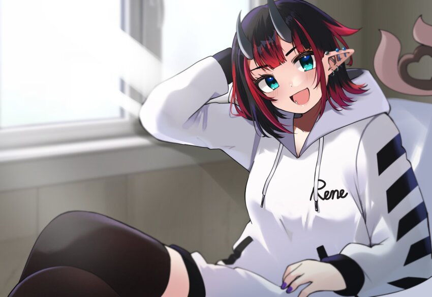 1girl :d absurdres alternate_costume black_hair black_thighhighs blue_eyes blunt_bangs blush character_name clothes_writing commentary demon_girl demon_horns drawstring ear_piercing feet_out_of_frame highres hood hoodie horns looking_at_viewer multicolored_hair nanashi_inc. open_mouth piercing pointy_ears purple_nails red_hair ryugasaki_rene short_hair sitting smile solo sunlight thighhighs two-tone_hair virtual_youtuber white_hoodie window zono_(inokura_syuzo029)