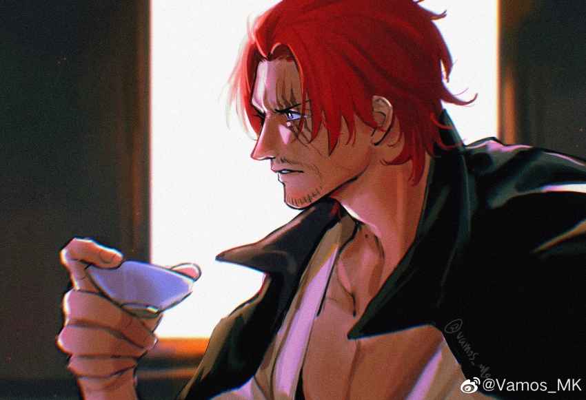 1boy adam&#039;s_apple backlighting beard black_cape cape connected_beard cup facial_hair highres looking_ahead male_focus one_piece parted_lips pectoral_cleavage pectorals red_hair sakazuki scar scar_across_eye scar_on_face shanks_(one_piece) shirt short_hair solo upper_body vamos_mk white_shirt window