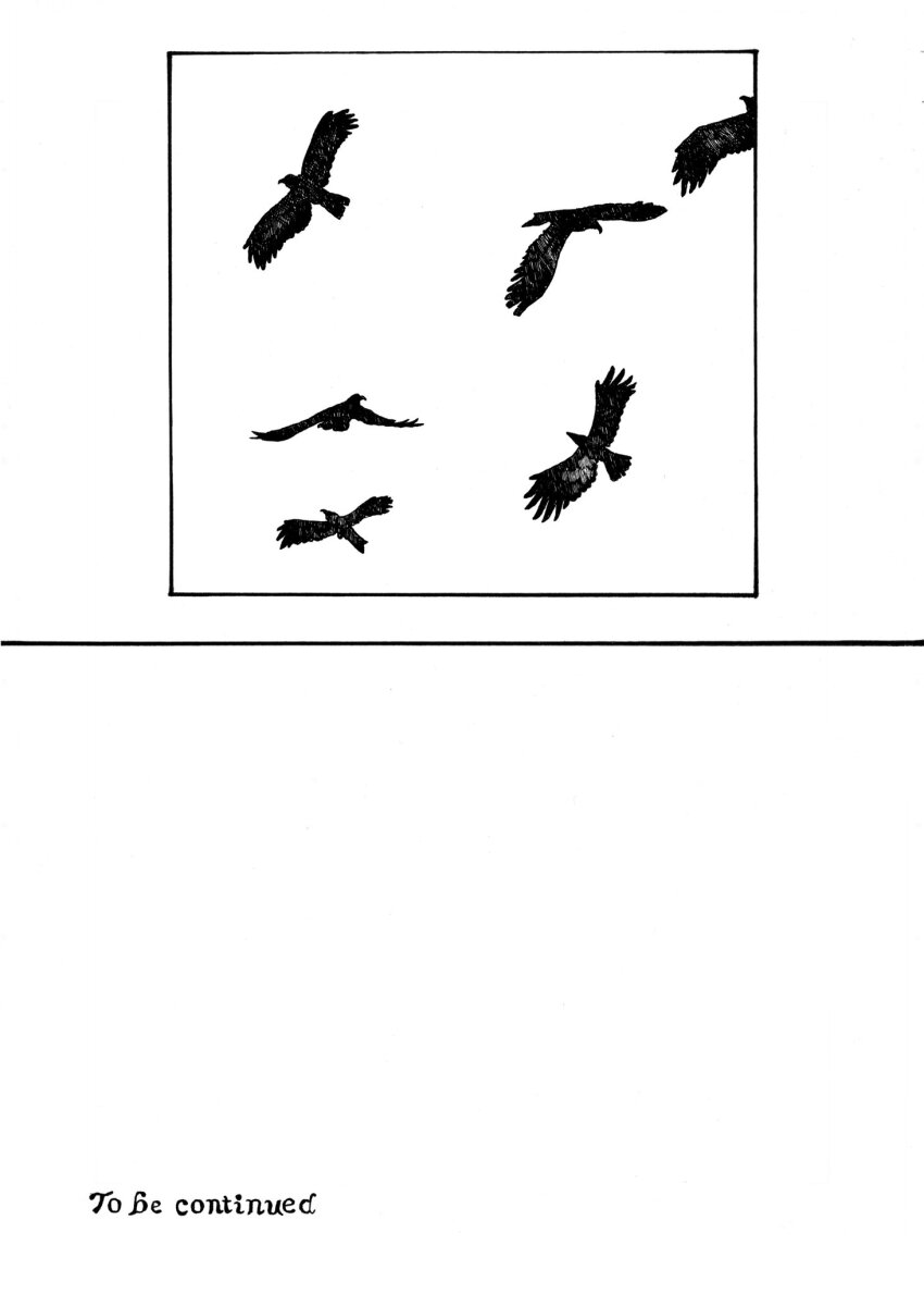 bird comic commentary_request ending english_text flock greyscale highres monochrome no_humans original satokatsu
