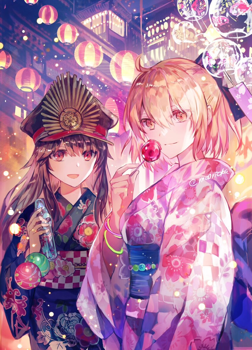 2girls ahoge alternate_costume black_bow black_hair black_kimono bow breasts candy_apple crest family_crest fate/grand_order fate_(series) floral_print food hair_between_eyes hair_bow half_updo hat highres holding japanese_clothes kimono long_hair long_sleeves looking_at_viewer military_hat multiple_girls obi oda_nobunaga_(fate) oda_nobunaga_(koha-ace) oda_uri okita_souji_(fate) okita_souji_(koha-ace) open_mouth peaked_cap pink_kimono red_eyes rioka_(southern_blue_sky) sash shako_cap short_hair smile yellow_eyes