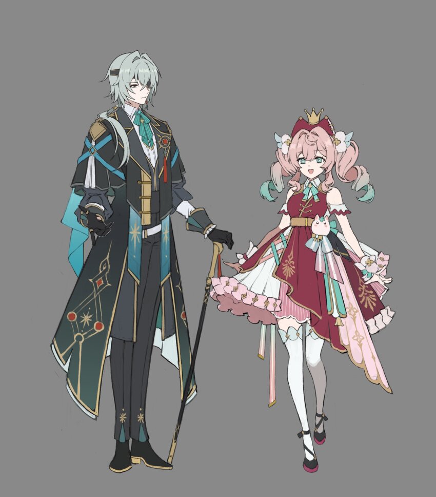 1boy 1girl absurdres alternate_costume anaxa_(honkai:_star_rail) aqua_hair aqua_ribbon bare_shoulders belt black_coat black_gloves black_jacket black_pants black_shoes black_vest blue_eyes blue_hair blue_ribbon bracelet cane coat collared_dress commentary crown dress drill_hair earrings eyepatch frills full_body gloves gold_ring gradient_hair grey_background hair_between_eyes hair_ornament hat highres holding holding_cane honkai:_star_rail honkai_(series) hyacine_(honkai:_star_rail) jacket jewelry lapels long_hair looking_at_viewer low_ponytail mini_crown multicolored_hair multiple_rings neck_ribbon open_clothes open_coat open_jacket open_mouth pants papajay_(jennygin2) pearl_bracelet pink_hair ponytail red_dress red_hat ribbon ring shirt shoes sidelocks simple_background single_earring sleeveless sleeveless_dress smile standing star_(symbol) star_print symbol-only_commentary tassel teeth thighhighs twin_drills two-tone_dress vest white_belt white_dress white_shirt white_thighhighs wrist_cuffs yellow_belt