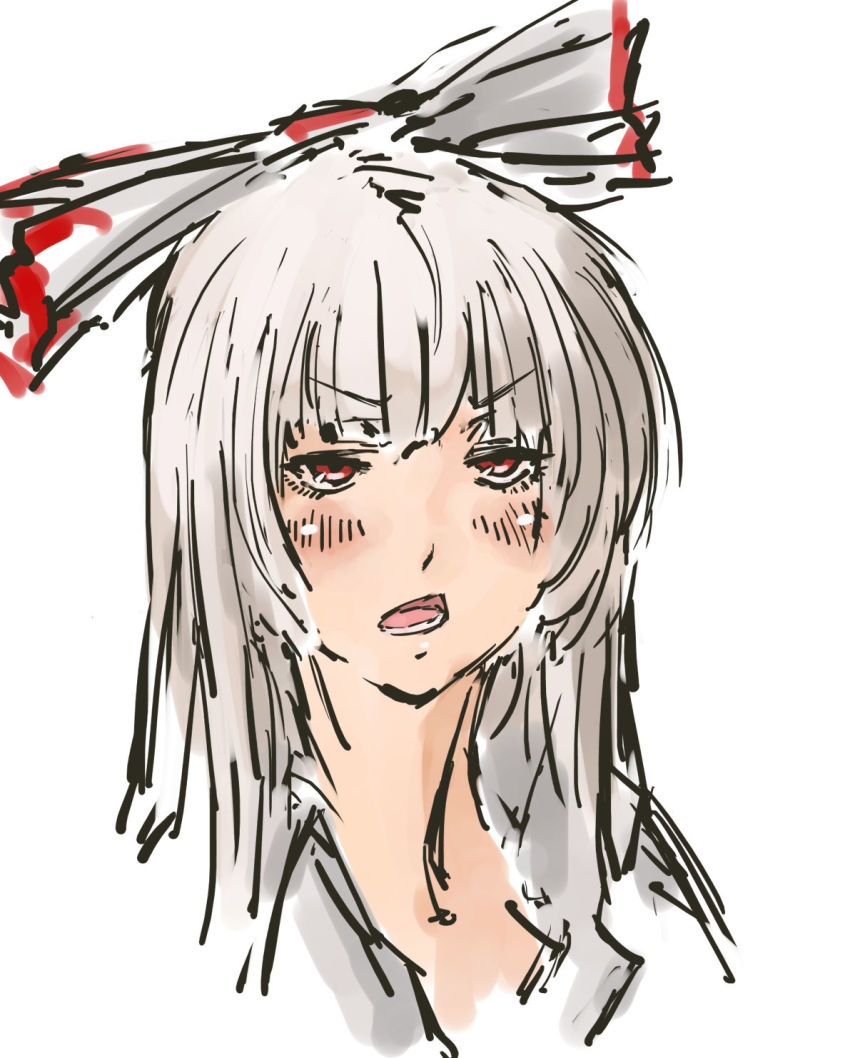 1girl blush bow female_focus fujiwara_no_mokou grey_hair grey_shirt hair_bow highres jitome looking_at_viewer nameo_(judgemasterkou) open_mouth portrait red_eyes shirt simple_background solo touhou white_background white_bow