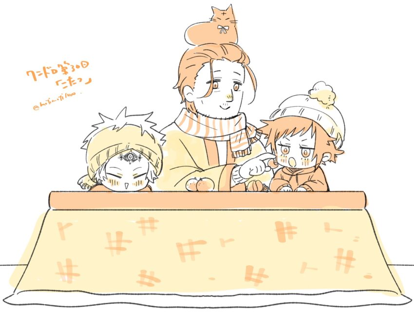 1girl 2boys animal animal_on_head blush bow bowtie cat cat_on_head chibi closed_eyes closed_mouth coat d.gray-man facial_hair feeding food fruit giving_food headband highres hood hoodie knit_hat kozuuu mana_walker mature_male messy_hair multiple_boys on_head open_mouth orange_(fruit) orange_hair orange_stripes road_kamelot scarf shirt short_hair signature smile third_eye white_hair white_scarf white_shirt wide_sleeves wisely_kamelot yellow_coat yellow_headband