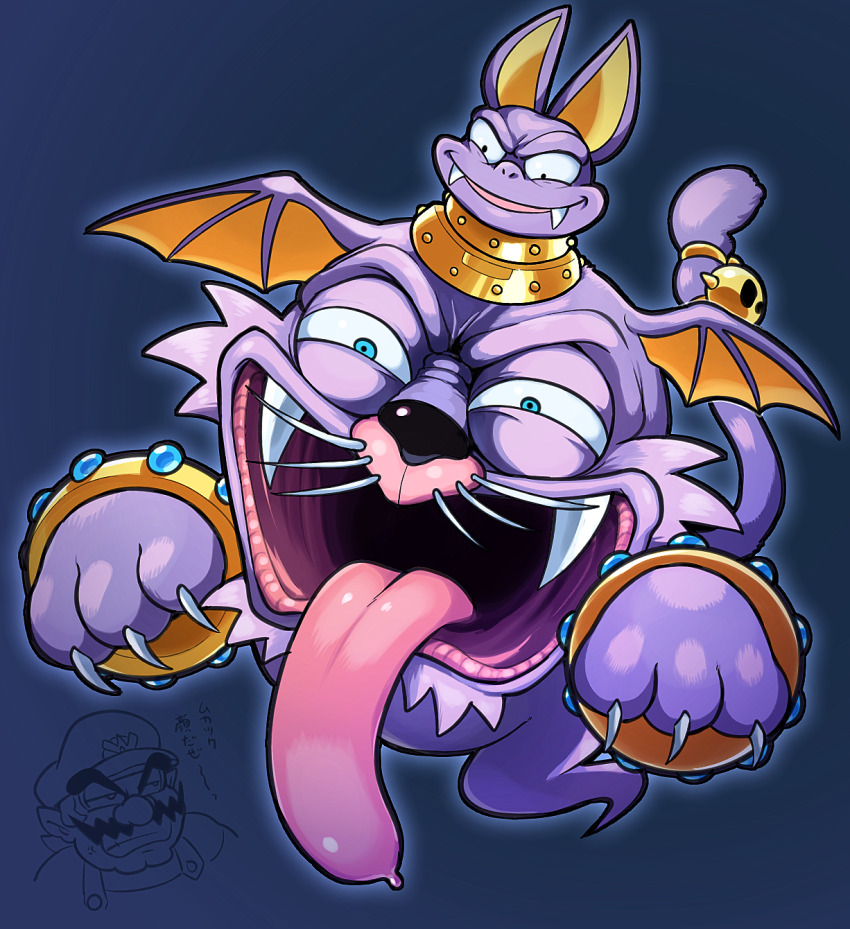 1boy animal_ears bat_(animal) bat_ears bat_wings blue_eyes bracelet cat cat_tail catbat_(wario_land) claws facial_hair fangs ghost_tail gold_bracelet highres hoshi_(star-name2000) jewelry monster mustache nintendo open_mouth purple_fur tail tongue tongue_out wario wario_land wario_land_4 wings