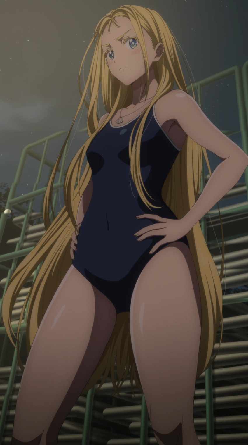 1girl absurdres blonde_hair blue_eyes breasts covered_navel hands_on_own_hips highres jewelry kofune_ushio legs long_hair looking_at_viewer medium_breasts necklace one-piece_swimsuit school_swimsuit serious solo standing stitched summertime_render swimsuit thighs third-party_edit