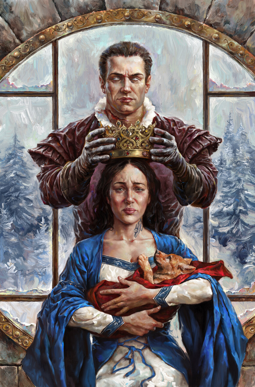 1boy 1girl black_hair blank_eyes blue_cloak brown_gloves cloak crown crying crying_with_eyes_open dog dress european_clothes gloves highres ldarro long_hair neck_tattoo original short_hair signature tattoo tears tree white_dress window