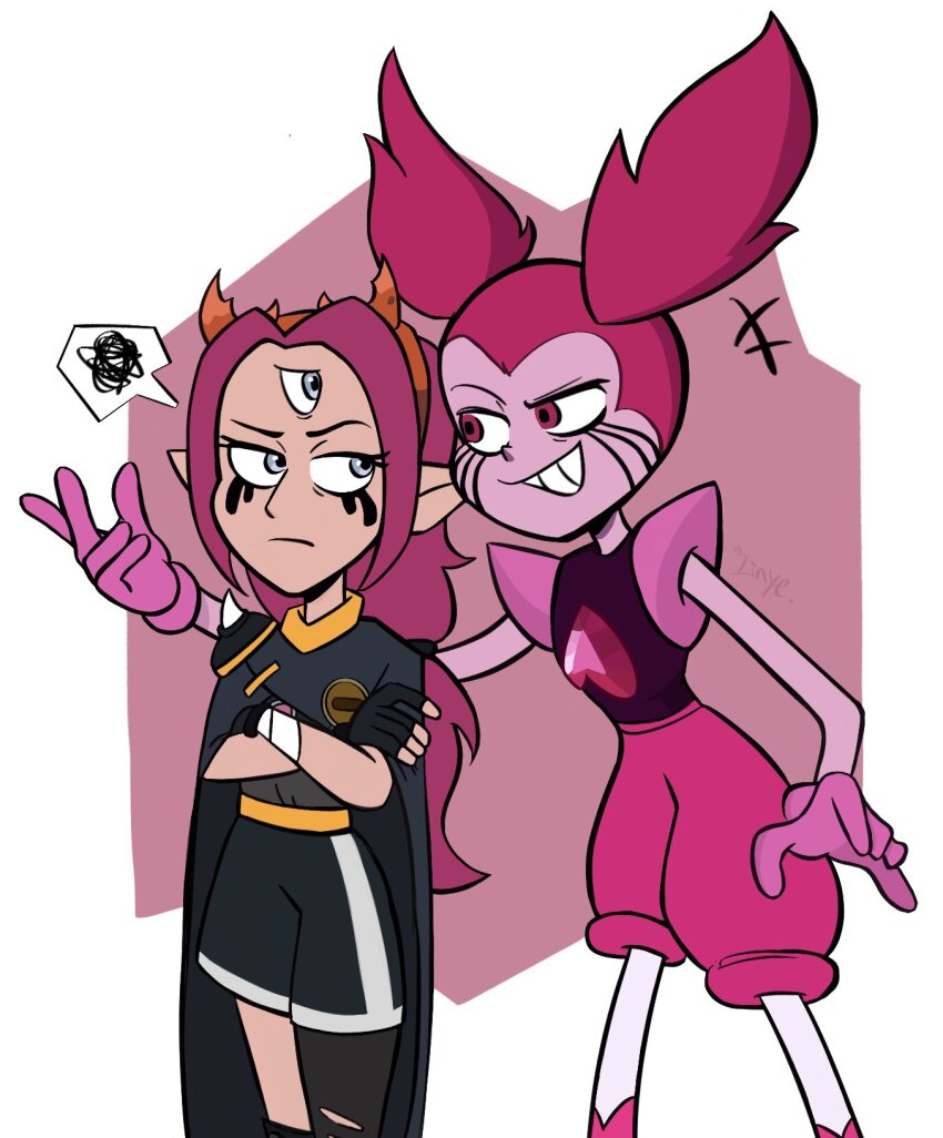 2girls asymmetrical_legwear blue_eyes boscha_(the_owl_house) cape closed_mouth colored_skin crossed_arms expressionless fingerless_gloves gloves half-closed_eyes heart-shaped_gem highres long_hair looking_at_another low_ponytail makeup multiple_girls pink_eyes pink_hair pointy_ears ponytail runny_makeup shorts signature smug spinel_(steven_universe) standing steven_universe teeth the_owl_house third_eye twintails xi_jinou