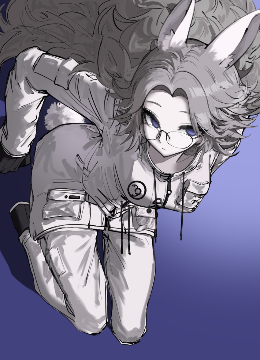 1girl absurdres animal_ears aotsuki_eito bietielianxiexiea black_gloves breast_pocket breasts chinese_commentary commentary_request genderswap genderswap_(mtf) glasses gloves grey_hair highres jacket kemonomimi_mode kneeling large_breasts long_hair looking_at_viewer looking_over_eyewear pants pocket purple_background purple_eyes rabbit_ears rabbit_girl rabbit_tail simple_background solo tail the_hundred_line_-last_defense_academy- very_long_hair white_jacket white_pants