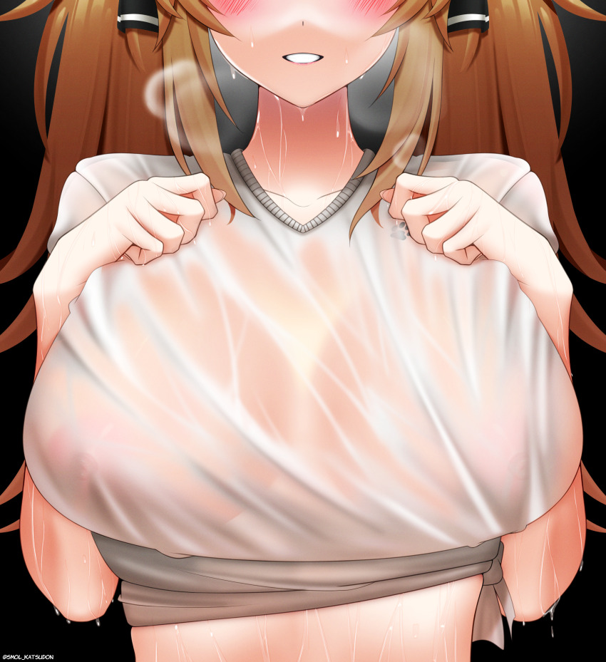1girl 45sensei absurdres black_ribbon blush breasts breasts_apart brown_hair close-up covered_erect_nipples english_text girls&#039;_frontline girls&#039;_frontline_2:_exilium grin hair_ribbon hand_on_own_chest hands_up head_out_of_frame highres large_breasts lenna_(girls&#039;_frontline_2) long_hair nipples no_bra orange_hair ribbon see-through_clothes see-through_shirt shirt smile solo twintails ump9_(girls&#039;_frontline) upper_body very_long_hair wet wet_clothes wet_shirt