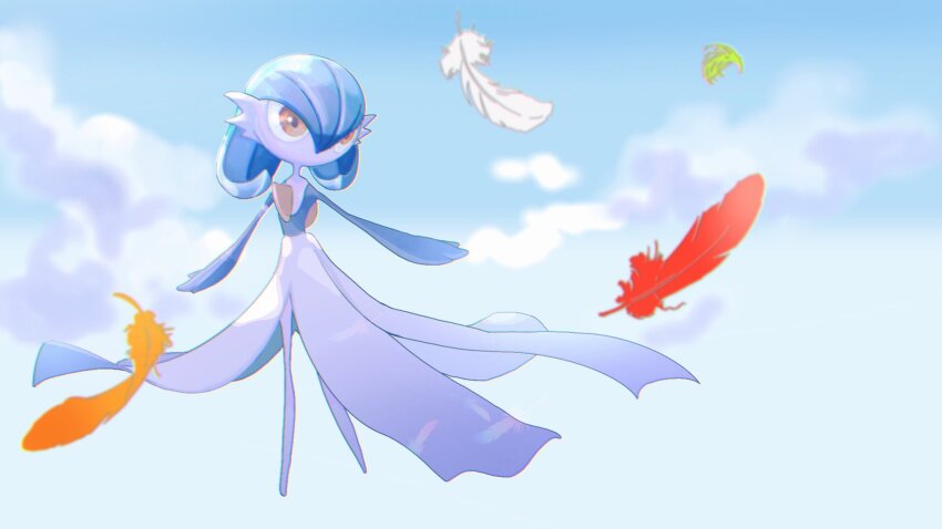 alternate_color blue_hair blue_sky bob_cut cloud dress feathers gardevoir gen_3_pokemon highres mxlaghrsuk33yws nintendo no_feet orange_feathers orange_hair pokemon pokemon_(creature) red_feathers shiny_pokemon sky white_dress white_feathers yellow_feathers