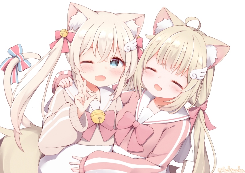 2girls :d ;d ^_^ ahoge animal_ear_fluff animal_ears arm_around_shoulder arm_up artist_name bell blonde_hair blue_bow blue_eyes blunt_bangs blush borrowed_character bow bowtie brown_hair brown_shirt cat_ears cat_girl cat_hair_ornament cat_tail chiffon_(vrchat) closed_eyes crop_top cropped cropped_shirt crossed_bangs double-parted_bangs facing_viewer fang flat_chest hair_bell hair_between_eyes hair_bow hair_ornament hairclip hand_on_another&#039;s_shoulder hand_up happy hug jingle_bell light_blush long_hair long_sleeves looking_at_viewer low_twintails multiple_girls neck_bell one_eye_closed open_mouth outline pink_bow pink_bowtie pink_sailor_collar pink_shirt puffy_long_sleeves puffy_sleeves raised_eyebrows ramune_(tutsucha) red_bow ribbon sailor_collar school_uniform serafuku shirt siblings sidelocks signature simple_background skin_fang skirt sleeves_past_wrists smile striped_bow sweater tail tail_bell tail_bow tail_ornament tail_raised tail_ribbon transparent_background tutsucha_illust twins twintails twitter twitter_username upper_body v very_long_hair vrchat w white_background white_outline white_sailor_collar white_serafuku white_shirt white_skirt wing_hair_ornament