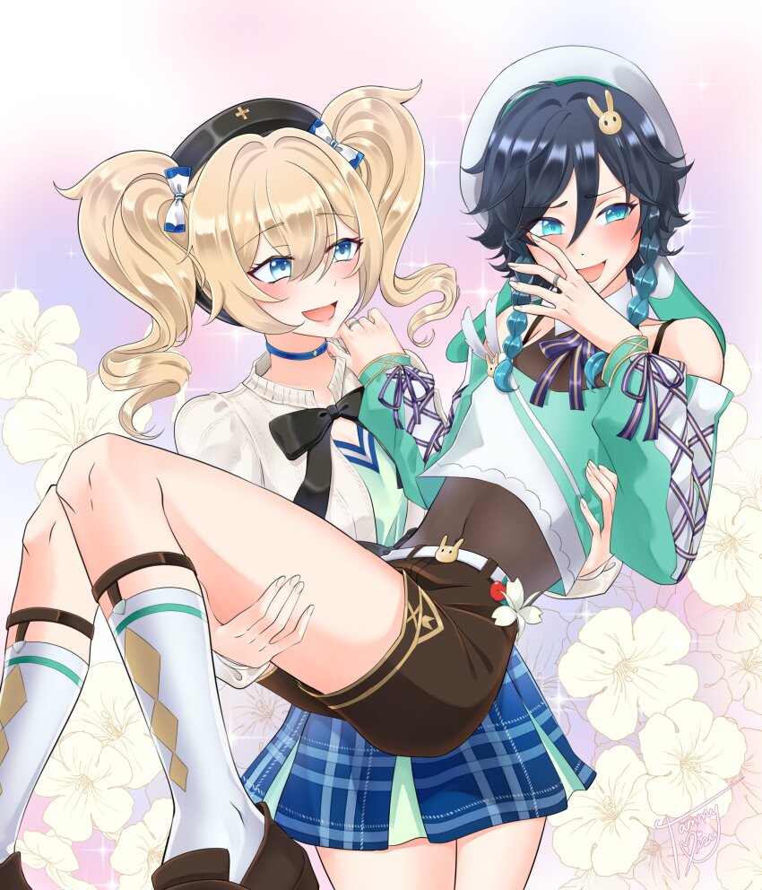 1boy 1girl absurdres barbara_(genshin_impact) barbara_(pizza_alvolo)_(genshin_impact) blonde_hair carrying genshin_impact hetero highres misumisu princess_carry skirt trap venti_(genshin_impact)