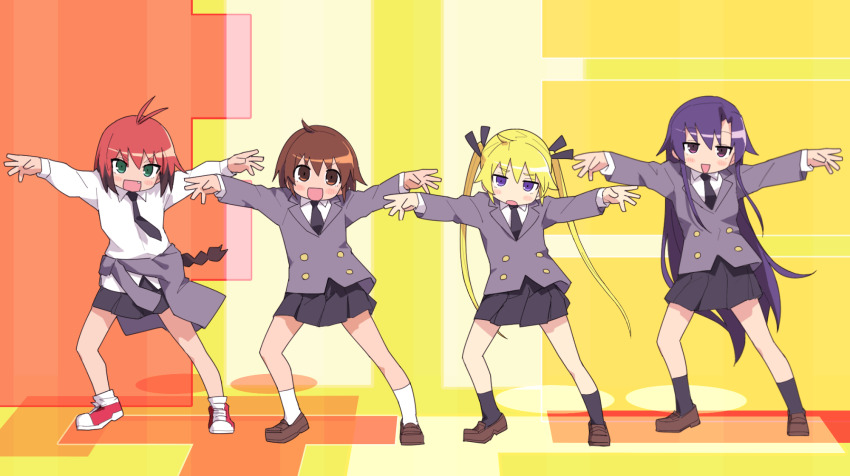 4girls antenna_hair black_necktie black_ribbon black_skirt black_socks blonde_hair blue_eyes blue_hair braid brown_footwear brown_hair collared_shirt fang goshiki_agiri green_eyes hair_ribbon highres kill_me_baby loafers long_hair long_sleeves lucky_star motteke!_serafuku multicolored_hair multiple_girls necktie open_mouth oribe_yasuna outstretched_arms parody pleated_skirt purple_eyes red_hair ribbon shirt shoes short_hair single_braid skirt sneakers socks sonya_(kill_me_baby) spread_arms unused_character_(kill_me_baby) white_shirt white_socks yachima_tana