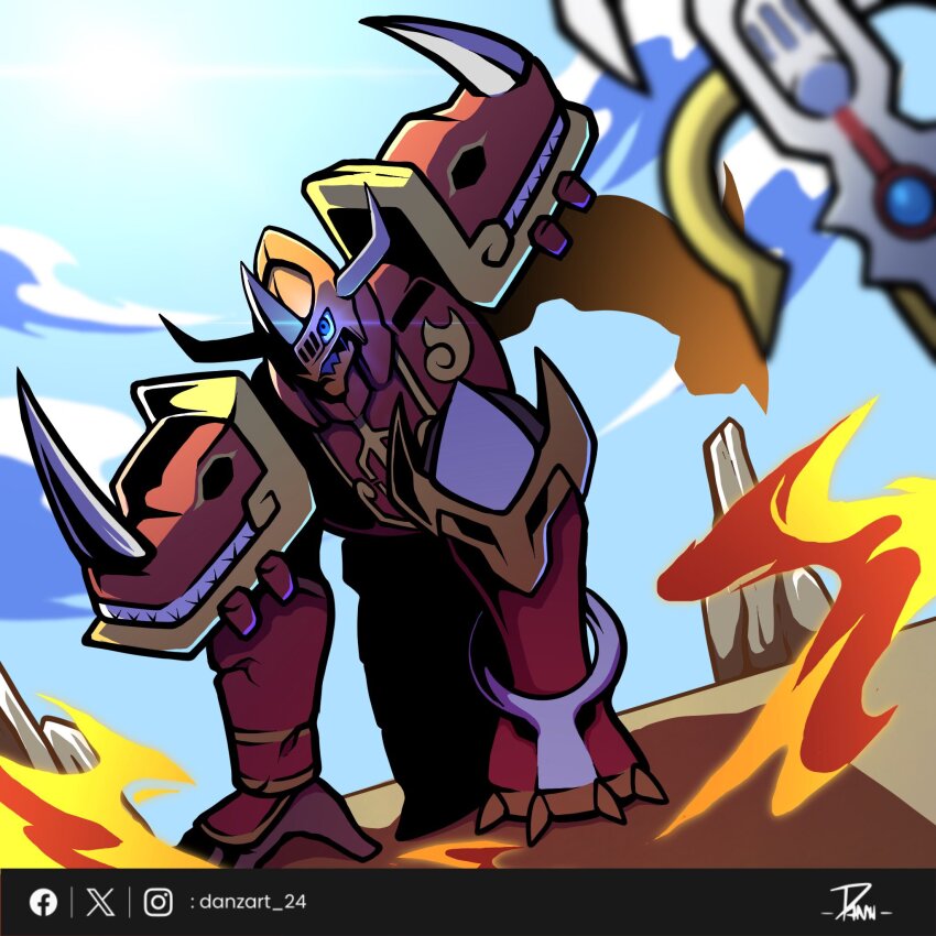 armor blue_eyes danzart_24 digimon digimon_(creature) digimon_frontier fire helmet highres kaisergreymon orange_helmet planted planted_sword planted_weapon red_armor shoulder_armor solo sword weapon