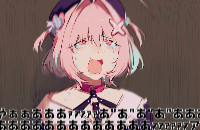 1girl ahoge bandaid bandaid_hair_ornament between_breasts breasts choker cleavage crying crying_with_eyes_open drooling fang hair_between_eyes hair_ornament half-closed_eyes hamachamu hat heart heart_hair_ornament highres idolmaster idolmaster_cinderella_girls idolmaster_cinderella_girls_starlight_stage motion_blur multicolored_hair nervous_sweating o-ring official_alternate_costume pink_choker pink_eyes pink_hair raised_eyebrows saliva small_breasts sweat tears two-tone_hair two_side_up upper_body yumemi_riamu