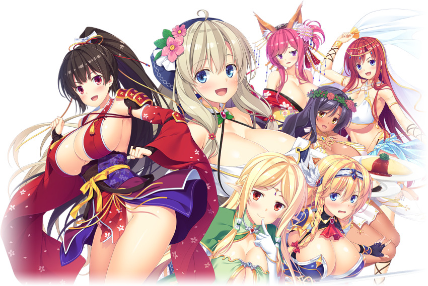 6+girls ahoge alencia_jonah_elborg animal_ear_fluff animal_ears anna_hylitte armor belly_dancing bikini_armor blonde_hair blue_eyes blush braid breasts brown_hair cleavage closed_mouth dark-skinned_female dark_skin detached_sleeves elda_hylitte elf eritte finger_to_mouth flower flower_hairband fox_ears fox_girl gloves green_shrug hair_between_eyes hair_bun hair_flower hair_intakes hair_ornament hairband half_up_braid head_wreath hinata_nao japanese_clothes kashima_hikari key_visual kimono large_breasts long_hair long_sidelocks looking_at_viewer low-tied_sidelocks madellie_parnepoli makibashira_yuuna multiple_girls no_panties official_art open_mouth pink_hair pointy_ears ponytail promotional_art purple_eyes red_eyes red_hair red_kimono sex_open_world_e_youkoso! sidelocks smile upper_body wavy_hair white_gloves winged_hair_ornament yellow_eyes
