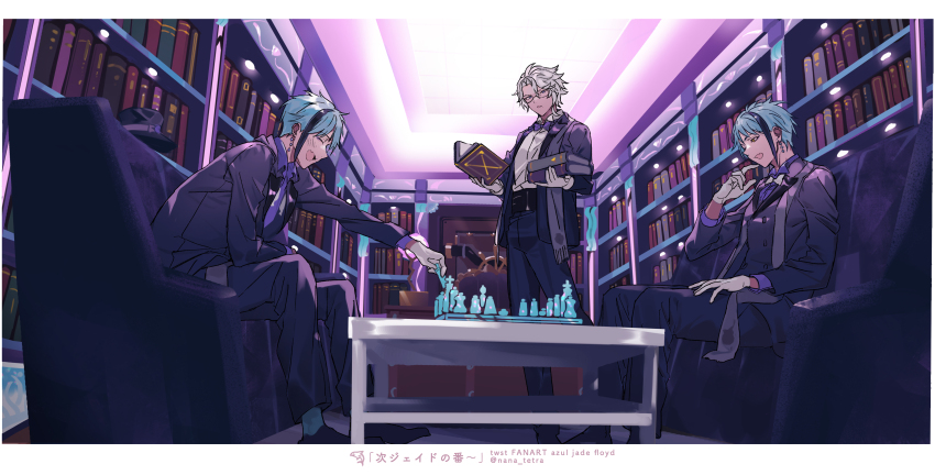 3boys absurdres aqua_hair azul_ashengrotto black_hair black_hat black_shoes blush board_game book bookshelf border bow bowtie chess chess_piece chessboard closed_eyes coat commentary_request earrings floyd_leech full_body glasses gloves hair_between_eyes hat highres holding holding_book holding_chess_piece indoors jacket jade_leech jewelry library looking_at_object male_focus mole mole_under_mouth multicolored_hair multiple_boys nana_tetra necktie on_chair open_book open_clothes open_jacket open_mouth pants playing_chess purple_bow purple_bowtie purple_coat purple_eyes purple_jacket purple_pants purple_scarf purple_shirt scarf shirt shoes short_hair single_earring sitting standing streaked_hair table twisted_wonderland twitter_username two-tone_hair unworn_headwear white_border white_gloves white_hair white_necktie white_shirt yellow_eyes