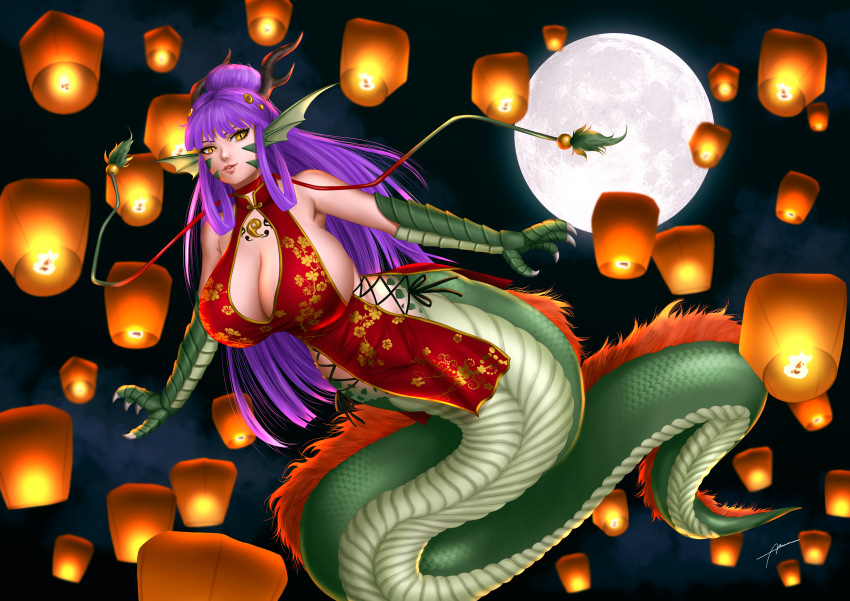 1girl abremson absurdres antlers breasts bursting_breasts chinese_clothes chinese_lantern chinese_zodiac claws cleavage cleavage_cutout clothing_cutout cloud dragon dragon_girl eastern_dragon fins flying full_moon highres horns huge_breasts jewelry looking_at_viewer magatama monster_girl monster_girl_encyclopedia monster_girl_encyclopedia_ii moon night no_bra purple_hair revealing_clothes ryu_(monster_girl_encyclopedia) sideboob slit_pupils year_of_the_dragon yellow_eyes