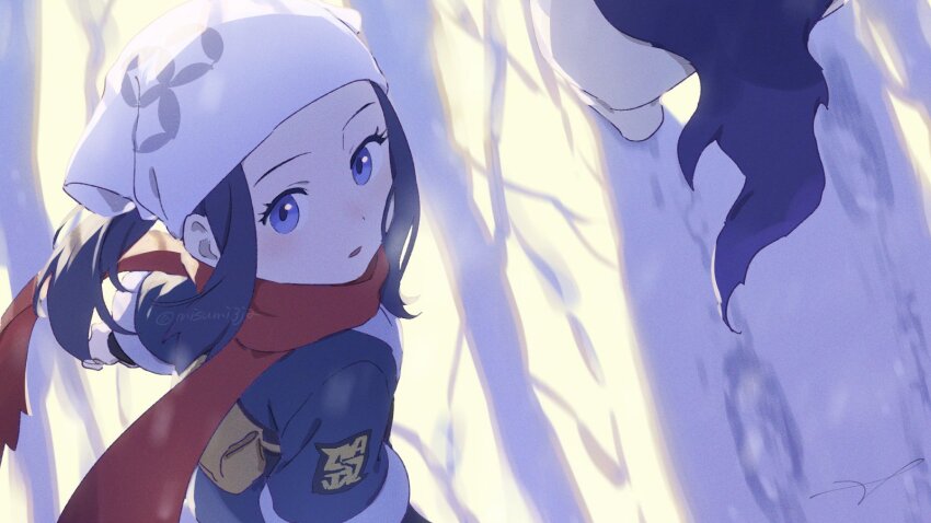 1girl akari_(pokemon) black_hair black_shirt blue_eyes creatures_(company) eyelashes game_freak headscarf highres hisuian_typhlosion jacket logo long_hair nintendo outdoors parted_lips pokemon pokemon_(creature) pokemon_legends:_arceus ponytail red_scarf sankaku scarf shirt sidelocks snow white_headscarf white_headwear