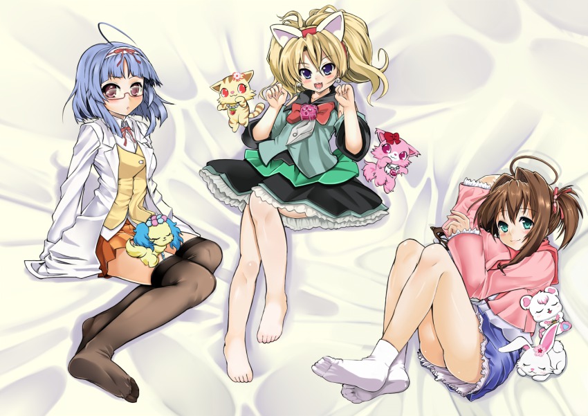 3girls ahoge animal_ears barefoot cat_ears feet garnet_(jewelpet) glasses jewelpet_(series) jewelpet_twinkle k@non labra_(jewelpet) miria_marigold_mackenzie multiple_girls rabbit ruby_(jewelpet) sakura_akari sango_(jewelpet) sapphie_(jewelpet) sara_(jewelpet) sara_(jewelpet_twinkle) socks thighhighs