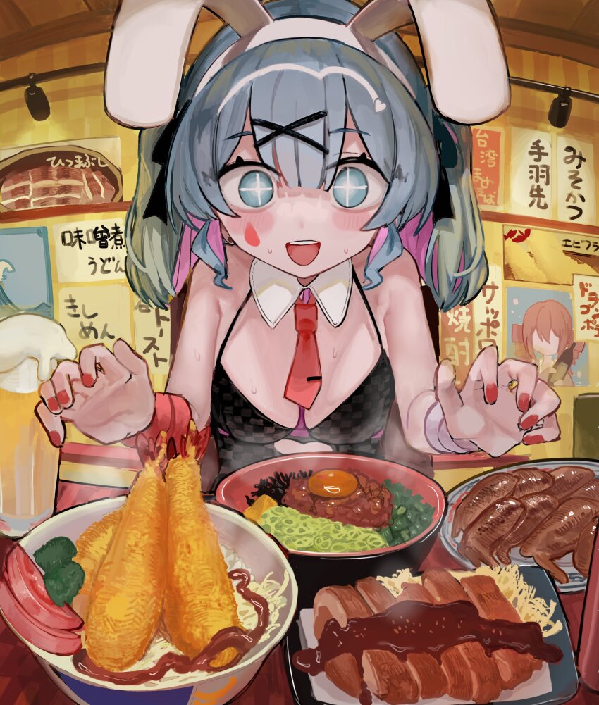 +_+ absurdres alternate_costume beer_mug black_leotard blue_hair bowl breasts cleavage colored_inner_hair commentary_request cup egg_yolk facial_tattoo food food_focus fried_egg hair_between_eyes hands_up hatsune_miku highres indoors kasane_teto leaning_forward leotard looking_at_food meat medium_breasts medium_hair microa mug multicolored_hair necktie noodles pink_hair pink_nails plate poster_(object) rabbit_hole_(vocaloid) ramen red_necktie restaurant sauce shrimp shrimp_tempura tattoo tempura two-tone_hair utau vegetable vocaloid