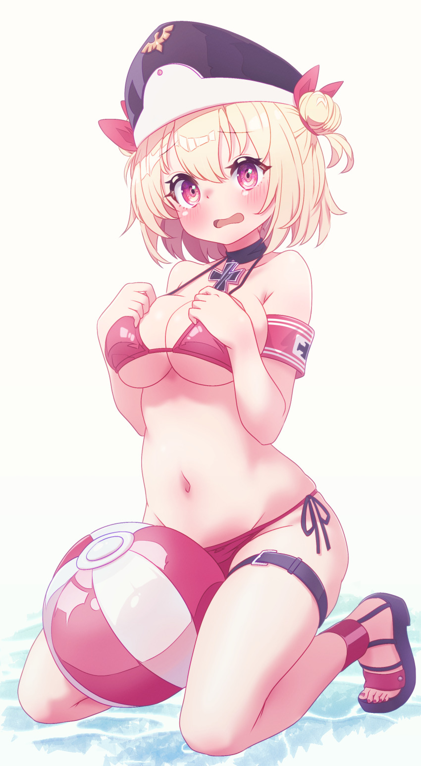 1girl absurdres arbiter1 armband azur_lane ball beachball bikini black_choker blonde_hair blush bow breasts choker commentary cross embarrassed english_commentary full_body hair_bow hair_bun hat highres iron_blood_(emblem) iron_cross kneeling large_breasts leipzig_(azur_lane) long_hair looking_at_viewer mixed-language_commentary navel open_mouth red_eyes side-tie_bikini_bottom smile solo swimsuit thigh_strap