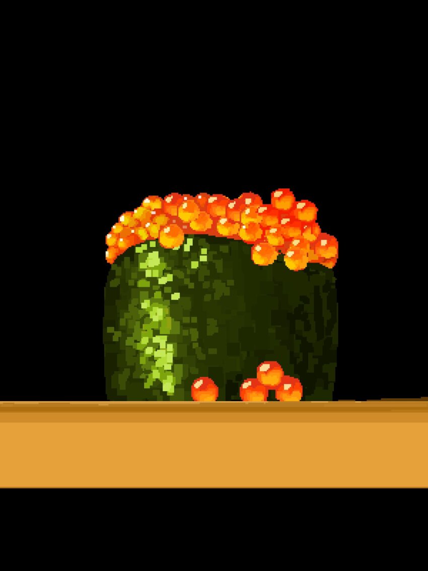 black_background fish_(food) food from_side gunkanmaki highres hisachan55cute ikura_(food) no_humans nori_(seaweed) original pixel_art scenery simple_background sushi sushi_geta tobiko_(food)