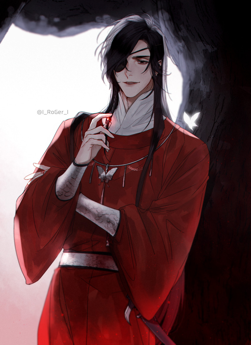 1boy bishounen black_eyes black_hair bracer braid bug butterfly butterfly_necklace chinese_clothes eyepatch glowing_butterfly hair_over_one_eye hanfu highres holding holding_own_hair hua_cheng insect jewelry kris_yang long_hair long_sleeves looking_at_viewer male_focus necklace one_eye_covered parted_lips pointy_ears red_hanfu side_braid single_braid smile solo standing sword third-party_source tianguan_cifu tree twitter_username very_long_hair weapon white_butterfly yuanlingpao