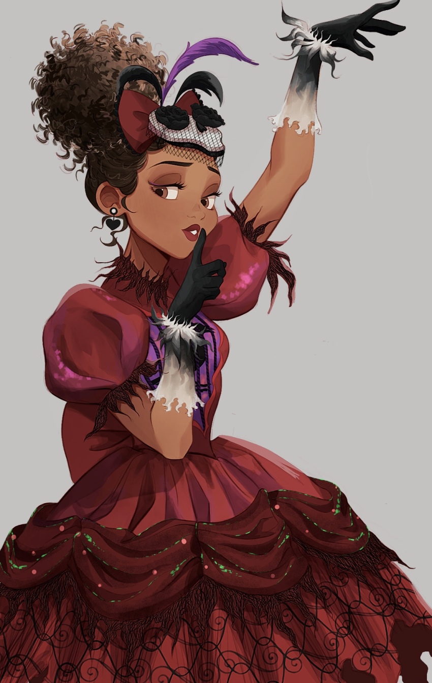 1girl black_gloves brown_eyes brown_hair dolores_madrigal dress earrings encanto gloves grey_background highres jewelry melchencanto puffy_short_sleeves puffy_sleeves red_dress short_sleeves simple_background solo