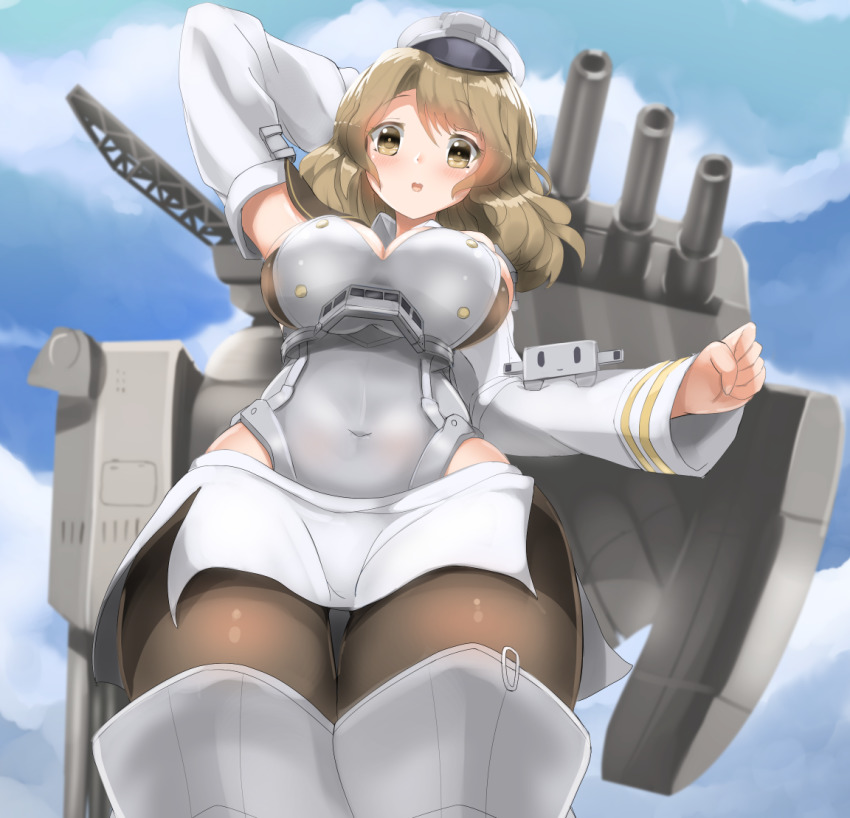 1girl aircraft_catapult arms_behind_head blonde_hair blue_sky breasts brown_thighhighs cannon cloud cloudy_sky corset covered_navel cowboy_shot day detached_sleeves dress from_below hat houston_(kancolle) kantai_collection looking_at_viewer medium_breasts medium_hair open_mouth pantyhose pleated_dress range_finder redundant-cat shin_guards ship_turret sky smile standing thighhighs thighs white_dress yellow_eyes