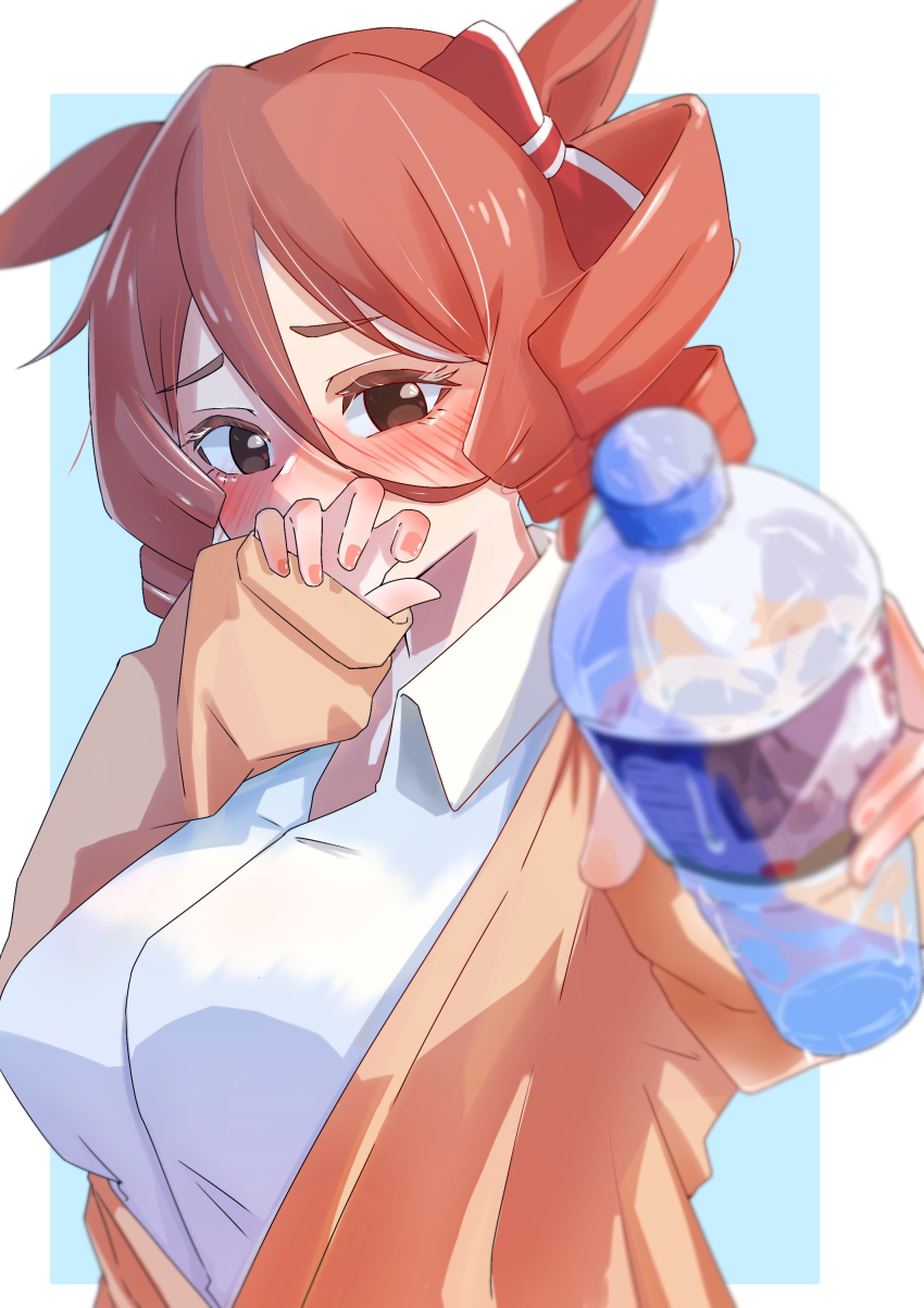 1girl absurdres animal_ears blush boco_deco bottle bow brown_cardigan brown_eyes brown_hair cardigan commentary covering_face dress_shirt drill_hair drill_sidelocks ear_bow ears_down foreshortening giving highres holding holding_bottle horse_ears horse_girl kasamatsu_tracen_school_uniform long_sleeves looking_at_viewer medium_hair norn_ace_(umamusume) partially_unbuttoned red_bow school_uniform shirt side_drill sidelocks solo umamusume umamusume:_cinderella_gray upper_body water_bottle white_shirt