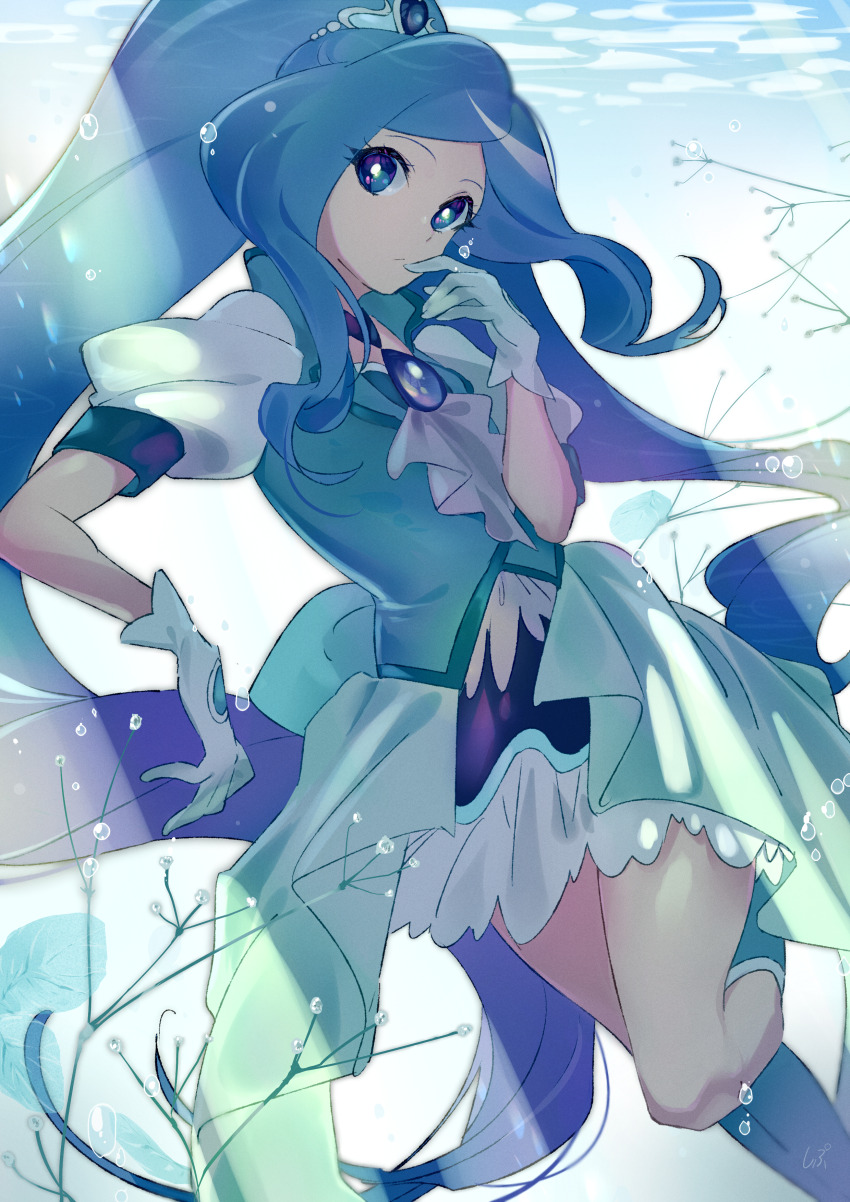 1girl absurdres air_bubble ascot beads blue_boots blue_brooch blue_choker blue_dress blue_eyes blue_hair blue_theme boots bubble choker closed_mouth cure_fontaine dappled_sunlight dot_nose dress expressionless eyelashes foot_out_of_frame frilled_skirt frills gloves hair_beads hair_ornament hand_on_own_chin hat_ornament healin&#039;_good_precure heart heart_hat_ornament heart_print high_ponytail highres knee_boots leg_up light_frown long_dress long_hair looking_at_viewer miniskirt ponytail precure puffy_short_sleeves puffy_sleeves purple_skirt sawaizumi_chiyu shipu_(gassyumaron) short_sleeves skirt skirt_under_dress solo sunlight tiara underwater very_long_hair wavy_hair white_ascot white_gloves white_sleeves