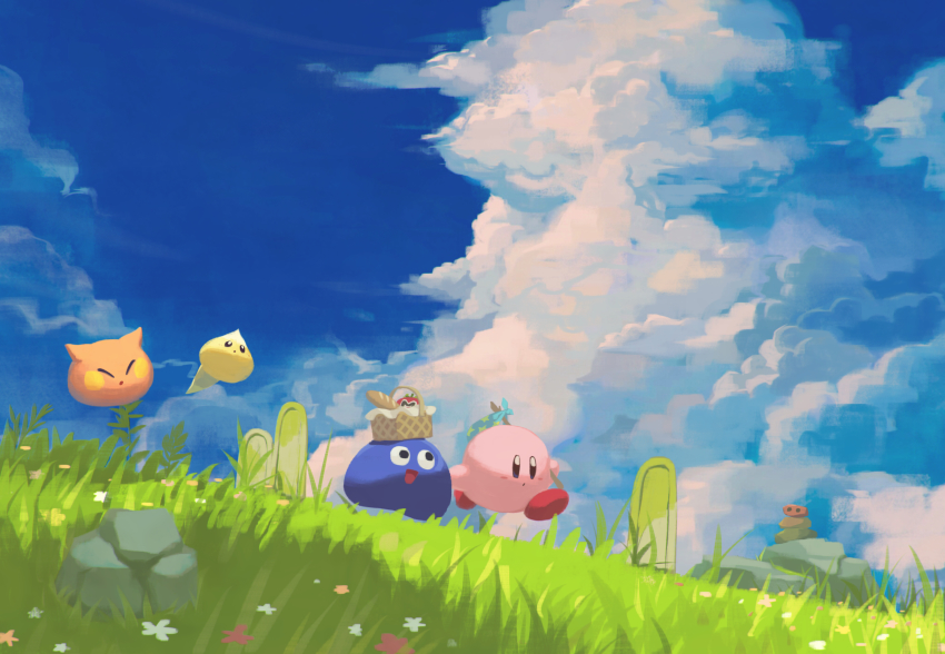 banana bandana bandana_waddle_dee basket beanbon blue_bandana bug butterfly cairn cappy_(kirby) character_request check_character chip_(kirby) closed_eyes cloud cloudy_sky dyna_blade floating flower food fruit gooey_(kirby) grass grasslands happy hataraku_ufo highres insect jobski kirby kirby_(series) leaf maxim_tomato mushroom nintendo open_mouth outdoors running scarfy scenery sky smile stone suyasuyabi ufo_(kirby) waddle_dee