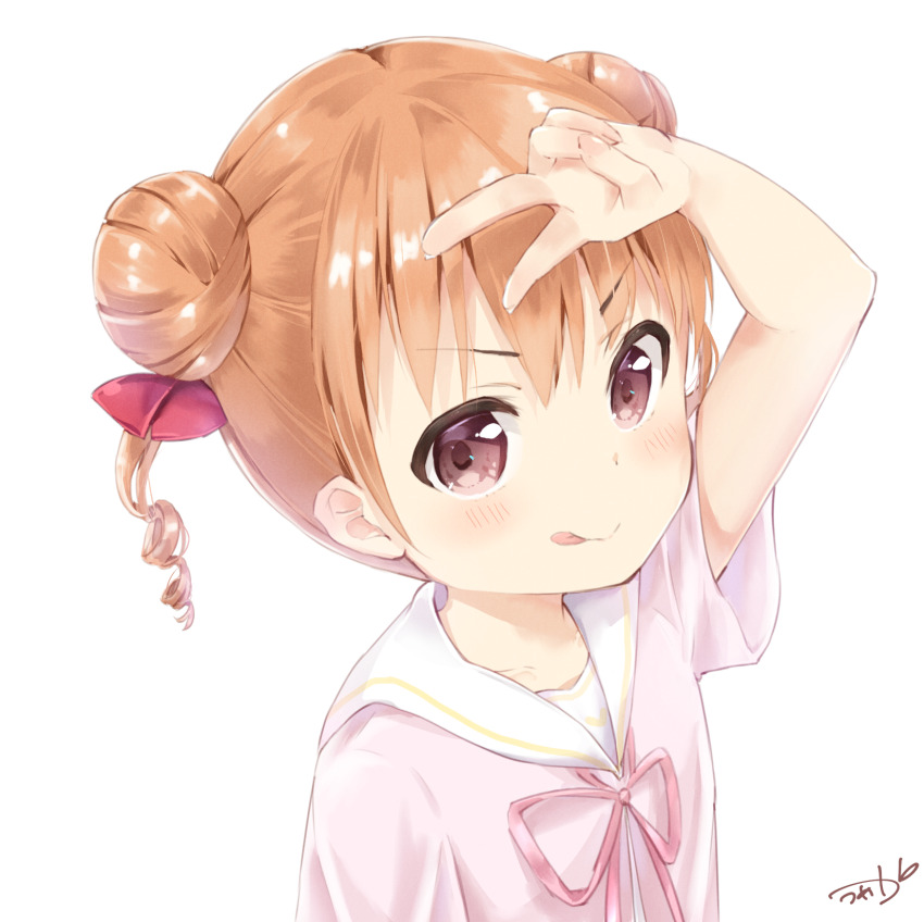 1girl blush brown_hair child commentary double_bun hair_bun hair_ribbon hand_up highres looking_at_viewer mearian neck_ribbon original pink_eyes pink_ribbon pink_shirt red_ribbon ribbon sailor_collar shirt short_sleeves signature simple_background solo tongue tongue_out upper_body v v-shaped_eyebrows white_background white_sailor_collar