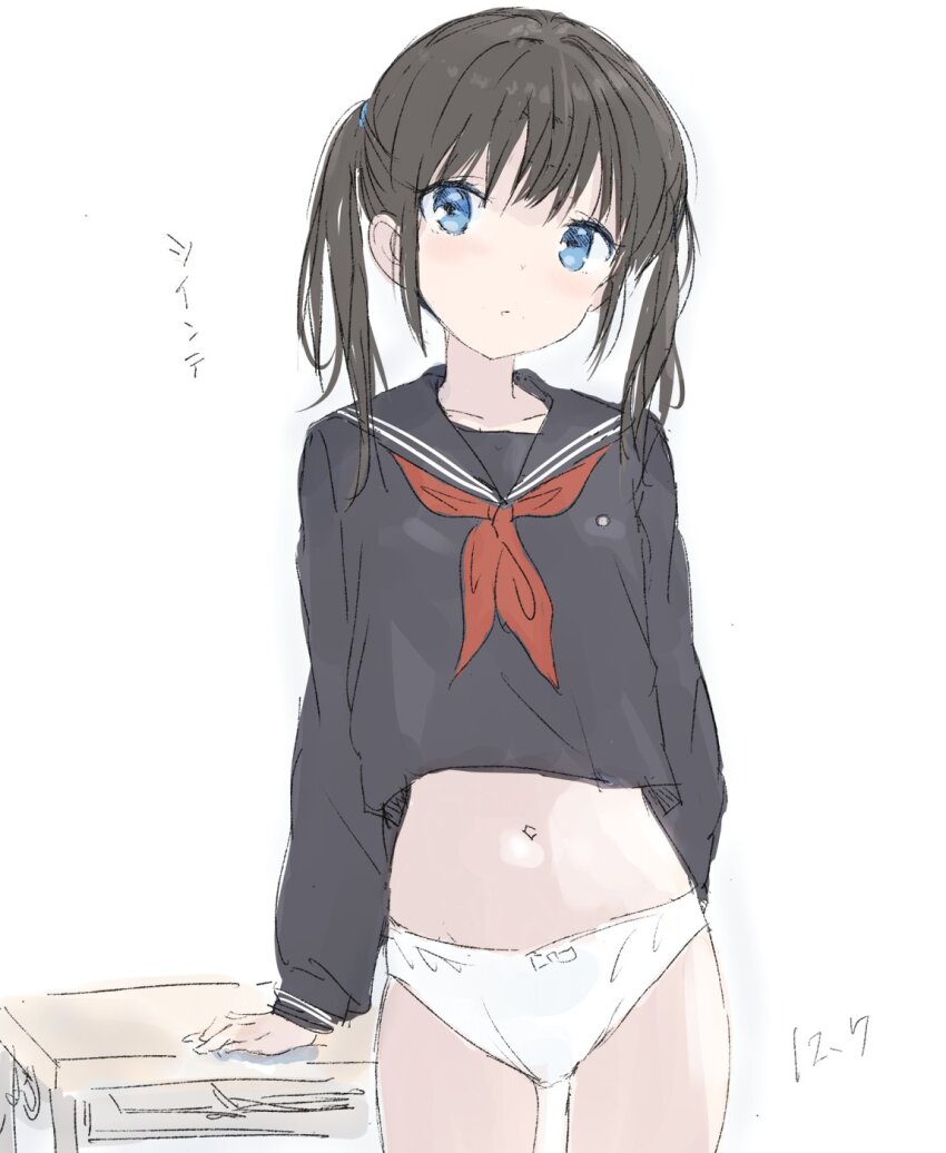 1girl arm_behind_back arm_support blue_eyes blue_serafuku blush bow bow_panties brown_hair collarbone core_(mayomayo) cowboy_shot dated desk dot_nose head_tilt highres looking_at_viewer messy_hair navel neckerchief original panties parted_lips red_neckerchief school_desk school_uniform serafuku short_hair sidelocks simple_background sketch solo standing thighs twintails underwear white_background white_panties