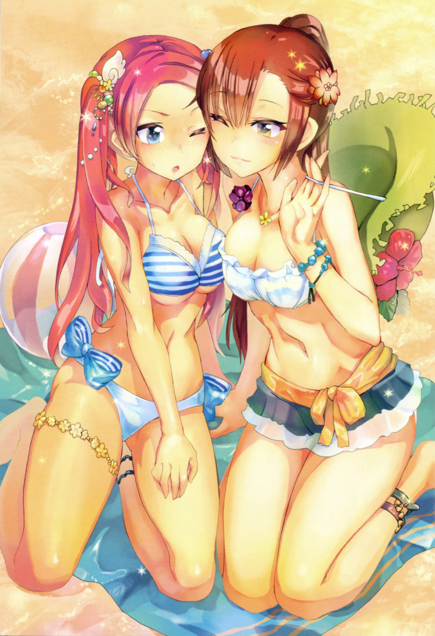 2girls absurdres ankleband anklet ball bare_shoulders barefoot beachball bikini bikini_skirt blue_eyes bracelet breasts brown_hair cleavage collarbone flower hair_flower hair_ornament hat hibiscus highres jewelry long_hair multiple_girls navel one_eye_closed pink_hair ponytail scan sitting sparkle straw_hat sweat swimsuit tamon_ketsuyuki twintails wariza wink yellow_eyes yokozuwari