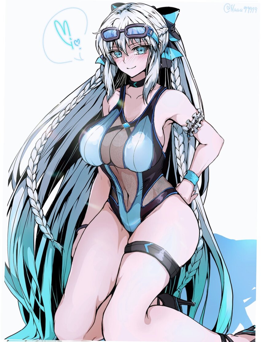 1girl bare_shoulders black_bow blue_eyes blue_one-piece_swimsuit blush bow braid breasts center_opening cleavage collarbone competition_swimsuit covered_navel diving_mask diving_mask_on_head eyewear_on_head fate/grand_order fate_(series) fishnet_swimsuit fishnets goggles goggles_on_head hair_bow hair_ornament half_up_braid highleg highres large_breasts long_hair looking_at_viewer morgan_le_fay_(fate) multicolored_swimsuit one-piece_swimsuit ponytail satou_nui school_swimsuit see-through_clothes see-through_one-piece_swimsuit sidelocks simple_background smile solo swimsuit thighs two-tone_swimsuit very_long_hair white_background white_hair