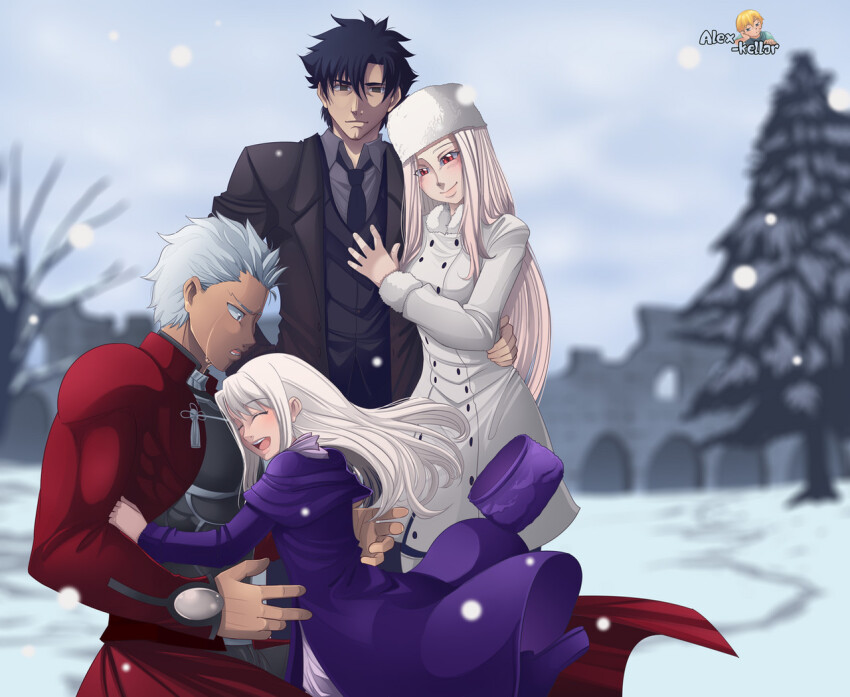 2boys 2girls alex_kellar archer_(fate) artist_name black_hair brother_and_sister closed_eyes coat crying crying_with_eyes_open dress emiya_kiritsugu family fate/stay_night fate/zero fate_(series) formal_clothes hat hug husband_and_wife illyasviel_von_einzbern irisviel_von_einzbern long_hair long_sleeves multiple_boys multiple_girls open_mouth red_eyes siblings smile snow step-siblings suit tears watermark white_hair winter_clothes