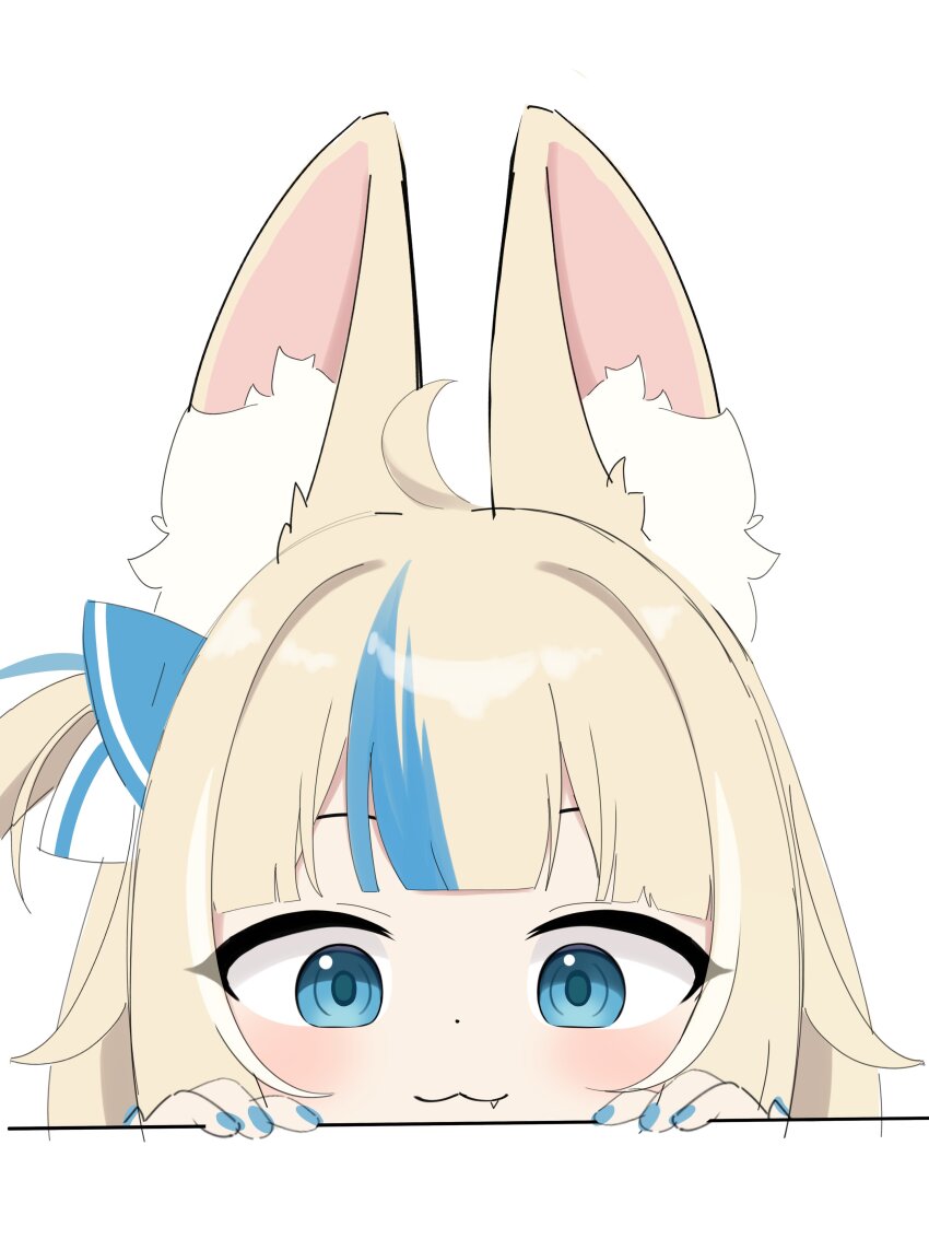 1girl :3 absurdres ahoge animal_ear_fluff animal_ears blonde_hair blue_eyes blue_hair blue_nails blunt_bangs blush fang fish_girl highres indie_virtual_youtuber multicolored_hair one_side_up paper_boat peeking_out sameko_saba sidelocks simple_background snmdx solo streaked_hair virtual_youtuber white_background