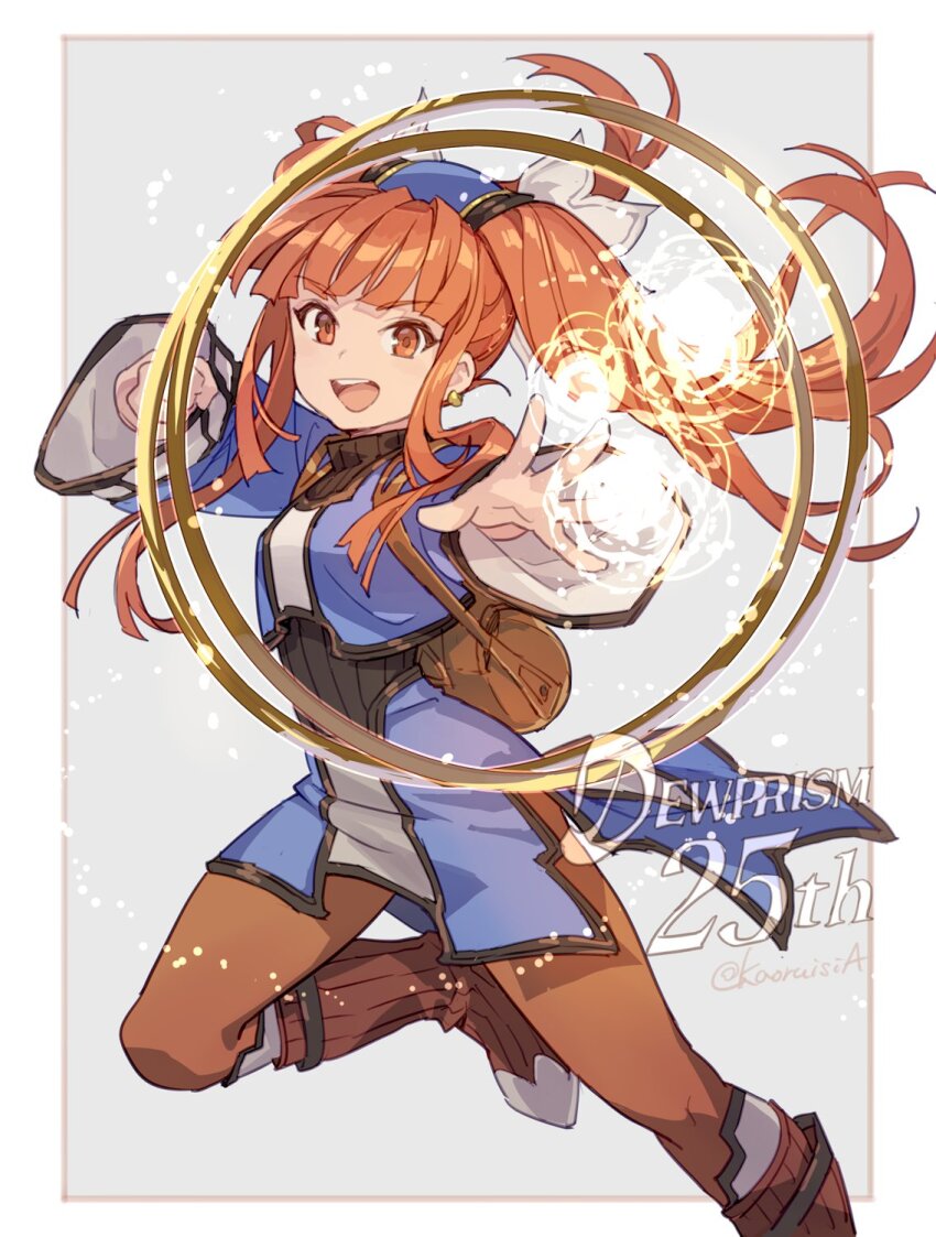 1girl :d anniversary black_undershirt blue_shirt blunt_bangs boots brown_boots casting_spell chakram clenched_hand copyright_name dewprism dual_wielding earrings floating_hair foot_out_of_frame highres holding jewelry leg_up long_hair looking_at_viewer mint_(dewprism) open_mouth orange_eyes orange_hair orange_pantyhose pantyhose pota_(bluegutty) shirt sidelocks smile solo twintails twitter_username weapon wide_sleeves