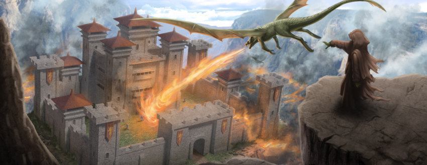 castle cliff cloud day dragon fire flag grass highres hood mountain original robe sam_delatore sky tail wings