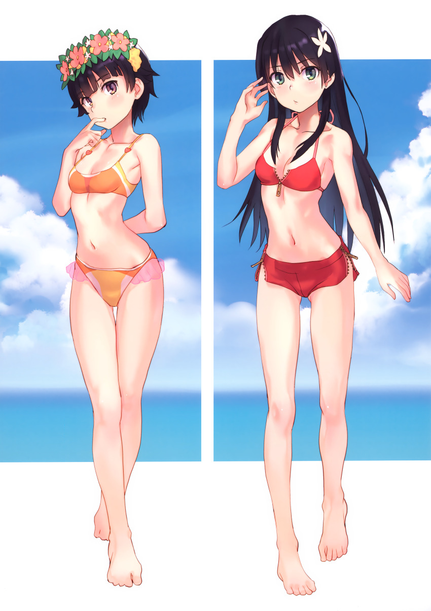 2020 20s 2girls :&lt; absurdres bare_legs bare_shoulders barefoot bikini black_hair breasts brown_eyes cleft_of_venus collarbone flower flower_wreath full_body gluteal_fold green_eyes hair_flower hair_ornament halterneck highres horizon light_blush long_hair looking_at_viewer medium_breasts multiple_girls navel ocean orange_bikini outdoors raika9 ribs saten_ruiko scan short_hair sky small_breasts standing stomach swimsuit toaru_kagaku_no_railgun toaru_majutsu_no_index toes uiharu_kazari