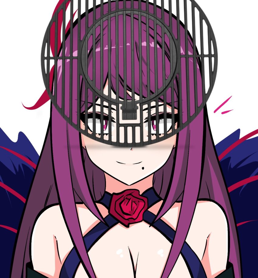 1girl bare_shoulders breasts brooch commentary english_commentary fascinator fire_emblem fire_emblem_engage flower flower_brooch grill highres ivy_(fire_emblem) jewelry large_breasts long_hair looking_at_viewer mole mole_under_mouth nintendo purple_eyes purple_hair red_flower red_rose rose tavi_(hosheezus)